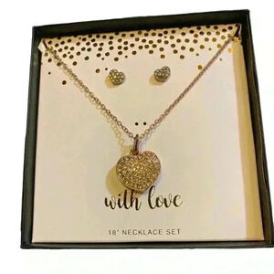 NEW Rhinestone Heart 18” Necklace Matching Rhinestone Stud Earrings Set